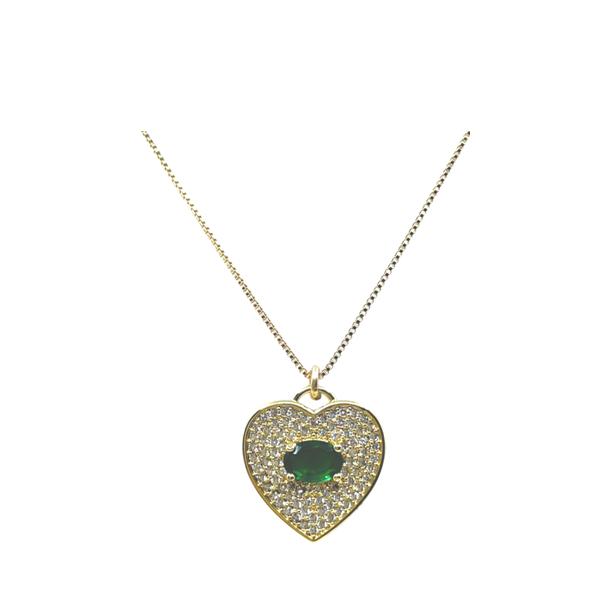 Heart Charm Necklace: Gold Plated and CZ Pave: Green (NGCP6054G) Necklaces athenadesigns 