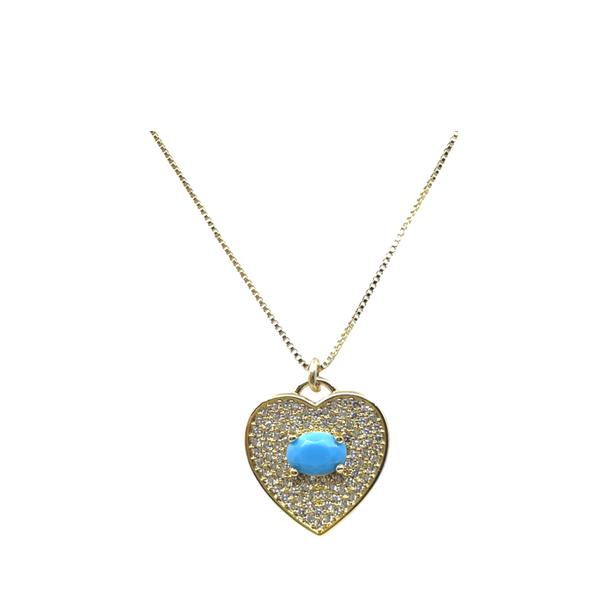 Heart Charm Necklace: Gold Plated and CZ Pave: Turquoise (NGCP6054TQ) Necklaces athenadesigns 