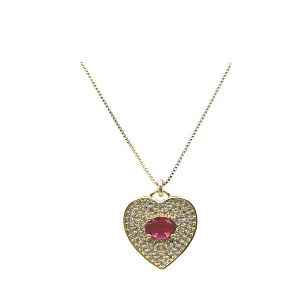 Heart Charm Necklace: Gold Plated and CZ Pave: Red (NGCP6054R) Necklaces athenadesigns 