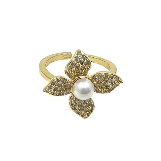 Adjustable Ring: CZ Flower & Pearl (RG453) Rings athenadesigns 