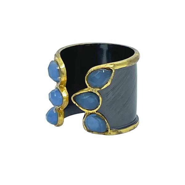 Open Cuff Gunmetal/Gold Plated Ring: Blue Chalcedony (RXG47BC) Rings athenadesigns 