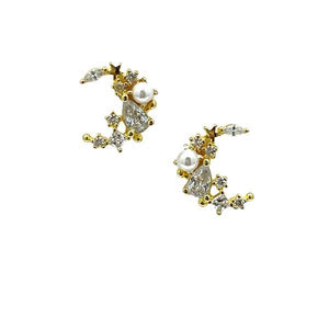 Crescent Moon Studs With Pearl and CZ's: Gold Vermeil (EGP453MN) Earrings athenadesigns 