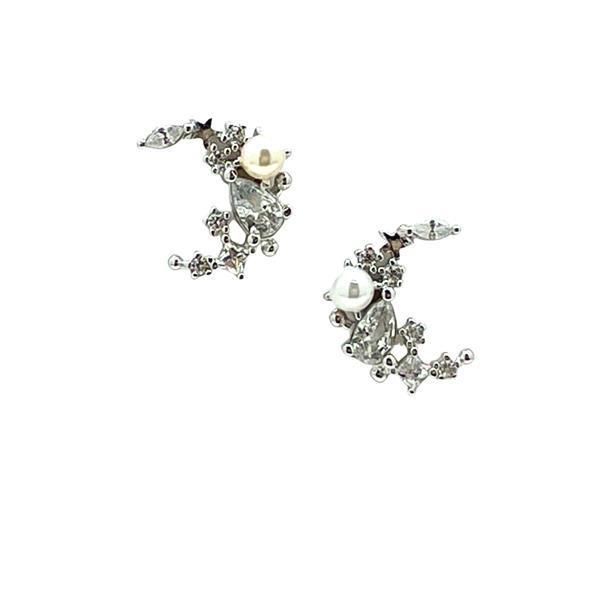 Crescent Moon Studs With Pearl and CZ's: Sterling (ESP453MN) Earrings athenadesigns 